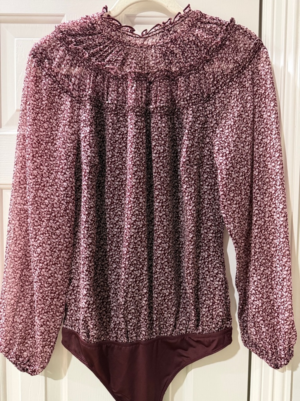Abercrombie & Fitch burgundy Floral Long-Sleeve Smocked-Neck Bodysuit